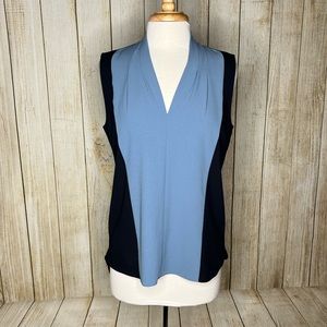 Tahari Blue Shirt Colorblock Sleeveless Blouse Medium